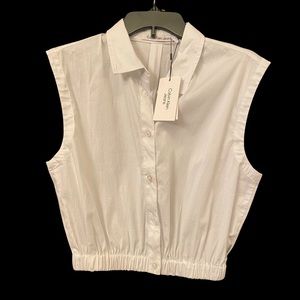 Calvin Klein Jeans sleeveless button down cinched waist blouse.